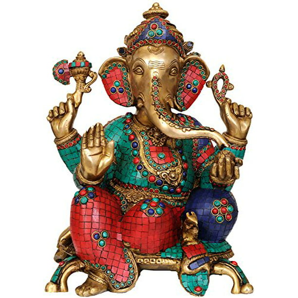 Brass Sculpture Lord Ganesha Seated on Chowki Small Sculpture 